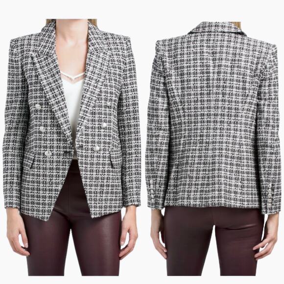 Elie Tahari Double Breasted Tweed Novelty Blazer Jacket Black White Size L - Picture 1 of 9